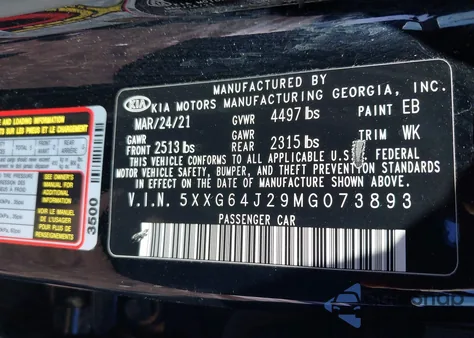 2021 Kia K5 Gt-Line z USA, uszkodzony, nr VIN 5XXG64J29MG073893